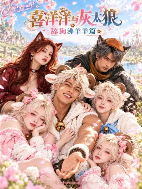 奇幻兽耳题材短剧海报，草地花丛中的一家人