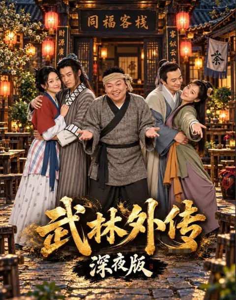 古装喜剧题材短剧海报，客栈门前一家人合影