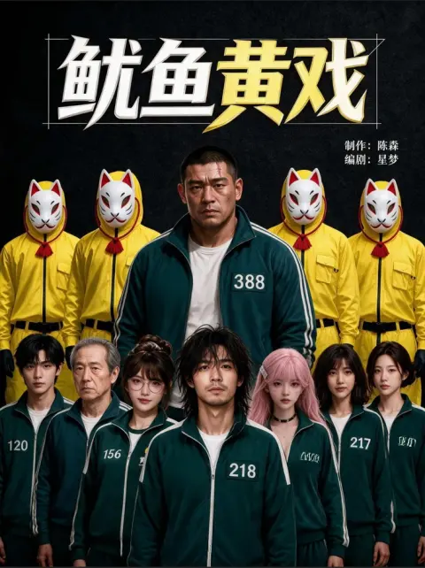 悬疑闯关题材短剧海报，绿色运动服人群排队