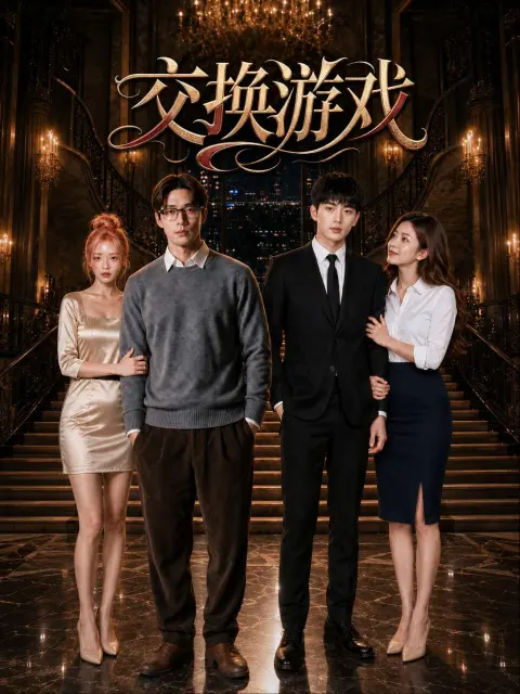 都市豪门题材短剧海报，楼梯上的两对男女